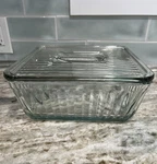 Vintage Anchor Hocking 1932 Ribbed Clear Glass Refrigerator Baking Dish With Lid. Fixed Price $35.00.
