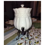 Celebrating Home Veranda Stoneware Beverage Server White With Metal Stand. Fixed Price $50.00.