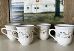 Vtg Brick Oven Stoneware Heritage Pattern SET/4 Coffee Cups Mugs - Floral Birds. Fixed Price $24.95.