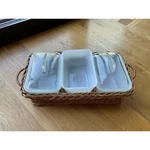 Vintage Glasbake-jeannette J-805-14 Milk Glass Refrigerator Dish Set With Basket. Fixed Price $45.00.