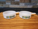 2-JEANNETTE Glasbake Ovenware J-2639 Soup Bowls W/handles, "blueberry" Pattern.. Fixed Price $15.00.