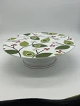 Tag Pedestal Cake Stand W/ Red Berries &. Green Leaves Motif Stripe. Fixed Price $15.00.