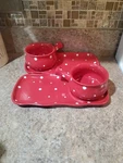 2 Temptations By Sara Red Polka Dot Soup And Salad Plate. Fixed Price $30.00.