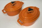 Two Rachael Ray Orange Enamel Cast Iron Mini - Oval Casseroles Dishes. Fixed Price $24.98.