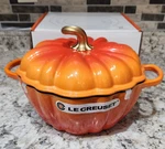 Rare Le Creuset Flamme Doree Signature Pumpkin Cocotte Brand New Box. Fixed Price $2499.00.