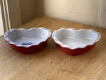 Set Of 2 Emile Henry Fluted Edge Heart Shaped Red Mini Baking Dishes #6149. Fixed Price $22.00.