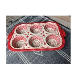 Temptations Old World 6-CUP Ceramic Muffin Pan W/ Metal Stand Red/white 500. Fixed Price $45.00.