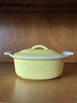 Vtg Descoware Fe 14 Belgium Yellow Enamel Cast Iron Individual Casserole Pot. Fixed Price $35.00.