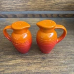 Creuset Salt & Pepper Shakers Pitcher Jug Style Flaming Orange Stoneware 3.5". Fixed Price $27.99.
