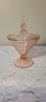Vtg Lancaster Pink Depression Glass Candy Dish/ Lid Conical Etched Floral Read. Fixed Price $45.00.