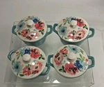 4 New Pioneer Woman Mini Casserole Dishes 8.7 Oz. Melody Teal Blue Floral Lid. Fixed Price $38.25.