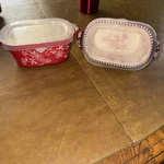 Temptations Ramekins With Clear Lids, Set Of 2, Floral Lace, Red 12 Oz.. Fixed Price $24.99.