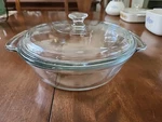Anchor Ovenware 2 Qt Clear Glass Casserole Baking Dish 9 Dia. Lid Included. Fixed Price $14.00.
