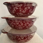 Temptations Red Cranberry Floral Lace 2-3-4 Qt Bowls Handled Serving With Lids. Fixed Price $89.99.