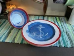 (6) Melamine Dinner Plates - Cereal Bowl Nautical Anchor Red Trim 10". Fixed Price $16.20.