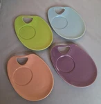 4 Ceramic Snack Plates Held Art Pallette Style Pastel Purple Pink Blue Green Mcm. Fixed Price $21.00.