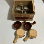 Vintage Set Of 4 Stoneware Butter Warmers Mini Crocks Stands Original Box. Fixed Price $23.99.