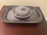 Le Creuset Stoneware Chip & Dip Platter Lidded Bowl Oyster Grey 3PC. Fixed Price $89.00.