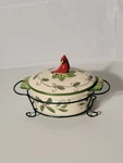 Temp-tations By Tara 9OZ Casserole W/lid & Holder Christmas Holly Cardinal See. Fixed Price $17.99.