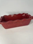 Emile Henry Mini Loaf Pan Red 6176 With Pine Cones Ruffled Baking Dish. Fixed Price $38.00.