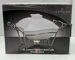 Godinger 1-QUART Covered Porcelain Baker Chrome Plated Server Warmer Stand. Fixed Price $25.47.