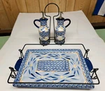 Temptations By Tara Old World Blue Serving Tray & Oil Vinegar Set Both W/carrier. Fixed Price $16.00.