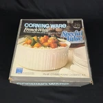 Corning Ware French White F-1-B 2.5 Quart Covered Round Casserole Souffle Dish. Fixed Price $40.00.