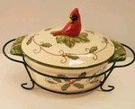 Temp-tations By Tara 9OZ Casserole W/lid & Holder Christmas Holly Cardinal See. Fixed Price $12.77.