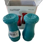 Turquoise Le Creuset Salt Pepper Shakers Stoneware 4 Oz Tall Caribbean Blue. Fixed Price $49.99.