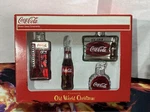 Coca-cola Blown Glass Sign Ornament Set Old World Christmas Disc Cooler Bottle. Fixed Price $29.99.
