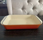 Creuset Vtg Flame Orange Rectangle Enameled Cast Iron Roaster Baker Pan. Fixed Price $125.00.