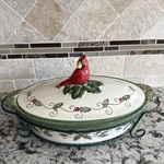 Temp-tations Red Cardinal + Holly 2QT Casserole/cover/trivet/iron Holder. Fixed Price $32.95.