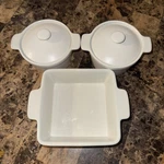 Figmint 3 Pc Stoneware Baking Set Cream Square Baker & 2 Lidded Mini Casseroles. Fixed Price $32.99.