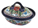 Blue Rose Polish Pottery Floral Butterfly Small Oval Baker With Lid. Fixed Price $219.50.