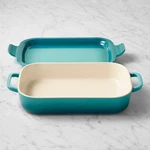Le Creuset Stoneware Rectangular Baker With Platter Lid, 2 3/4 Qt. Riviera. Fixed Price $79.50.