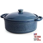 Fe Casserole Dish, 2 Quart Round Ceramic Bakeware With Cover, Lace Emboss Blue. Fixed Price $57.20.