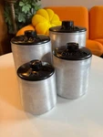 Kromex Kitchen Cannisters Mcm Space Age Set Four (coffee, Sugar, Tea, Flour). Fixed Price $30.00.