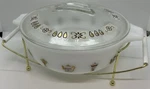 Vintage Made Usa Glasbake Qt Lidded Casserole Dish & Gold Tone Stand J-2318. Fixed Price $39.95.