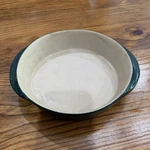Pampered Chef Family Heritage Stoneware Round Baking Dish Green Beige Oven Safe. Fixed Price $30.00.