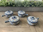 Set Of 4 Ceramic Individual Casserole, Handle/lid Old World Blue Temptations. Fixed Price $22.00.