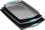 Rachael Bakeware Nonstick Cookie Pan Set, 3-PIECE, Gray With Agave Blue Grip. Fixed Price $54.95.