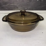 Anchor Ovenware Casserole 1037 W/lid & Basket Round Amber Brown Glass 1.5 Qt Usa. Fixed Price $14.00.