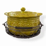 Vintage Celebrating Home Stoneware Collection Bean Pot Venetian Green And Holder. Fixed Price $44.99.