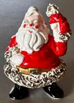 Vtg 50S Ceramic 6 1/2" Jolly Santa Figurine Spaghetti Trim Gold Belt Green Stone. Fixed Price $30.00.