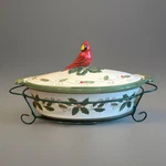 Temptations Casserole Dish Cardinal Lid, Holly Berry, Rack, Glass Trivet. Fixed Price $29.95.