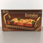 Anchor Hocking Entrees Amber Cuisine Utility Dish & Rattan Basket Nos 2-PC Set. Fixed Price $39.99.