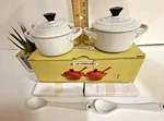 White Le Creuset Condiment Pots Lids Spoons Stoneware 3 Oz Open Box 2.5"T. Fixed Price $48.66.