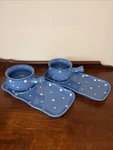 Temptations By Tara, Blue W/ White Polka Dots Soup Bowl/tray Oven Safe Set Of 2. Fixed Price $26.00.