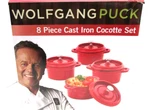 New Open Box Wolfgang Puck 8 Piece Cast Iron Cocotte Set-red Cookware. Fixed Price $54.99.