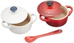 Le Creuset Pair Petit Cocotte With Spoon Cherry Red White Luster Ceramic. Fixed Price $86.62.